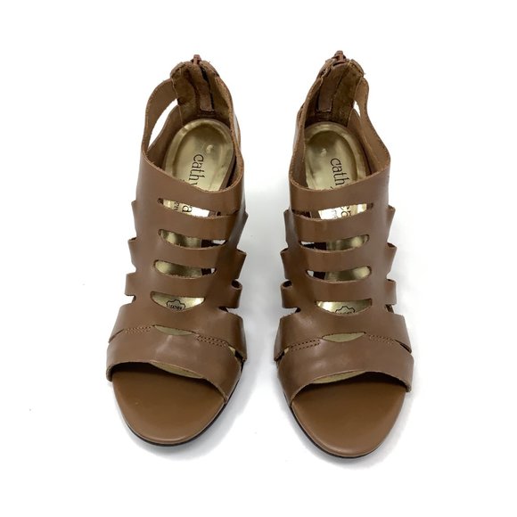 Cathy Jean Leather Caged Toe Peep Heels Sz 8 Brown - Picture 3 of 8